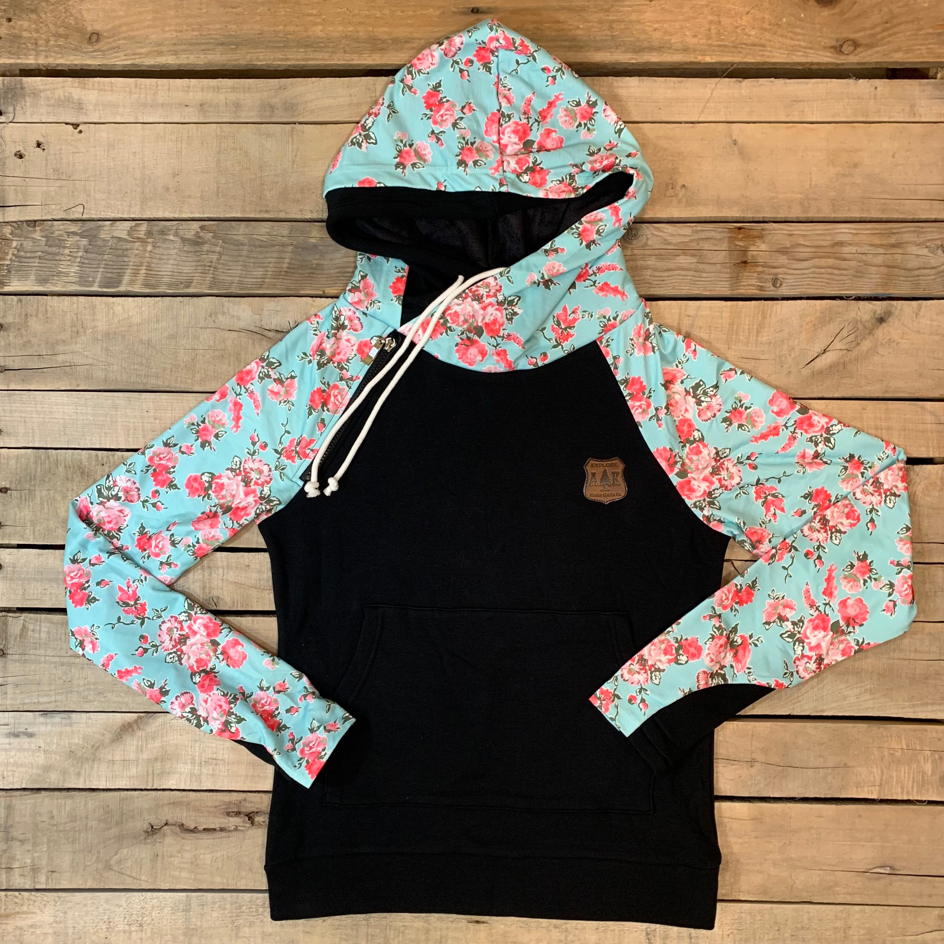 Black hoodie with roses on sleeves online