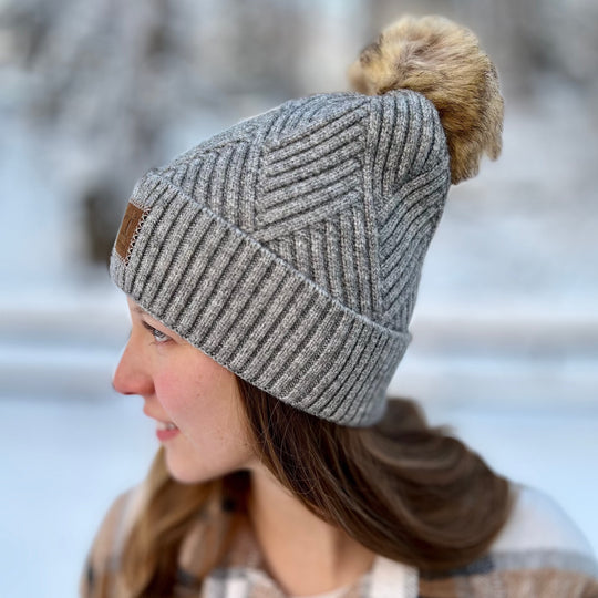 CC Herringbone Hats With Fur Puff