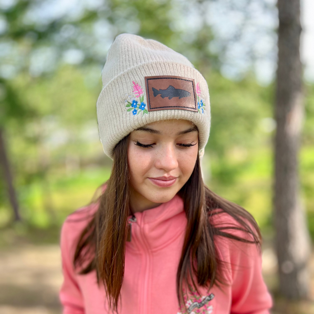 Embroidered Fuzzy Beanie - Salmon