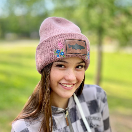 Embroidered Fuzzy Beanie - Salmon