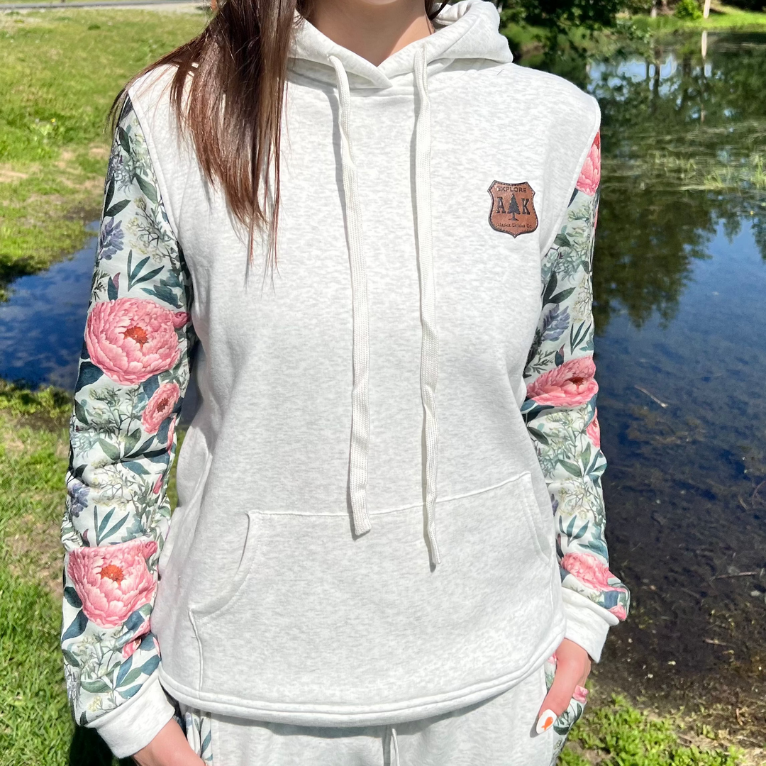 Vintage Peony Sleeve Print Hoodie