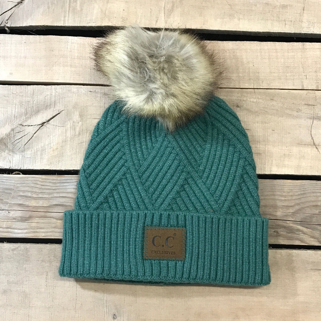 CC Herringbone Hats With Fur Puff