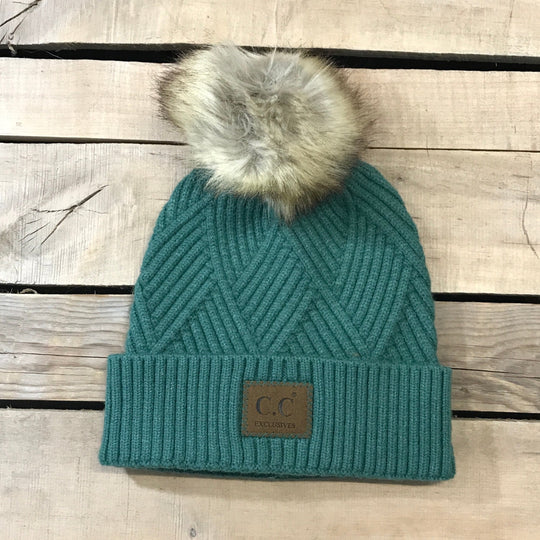 CC Herringbone Hats With Fur Puff