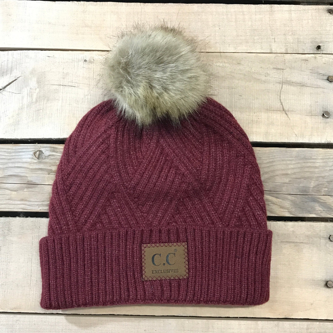 CC Herringbone Hats With Fur Puff