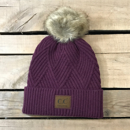 CC Herringbone Hats With Fur Puff