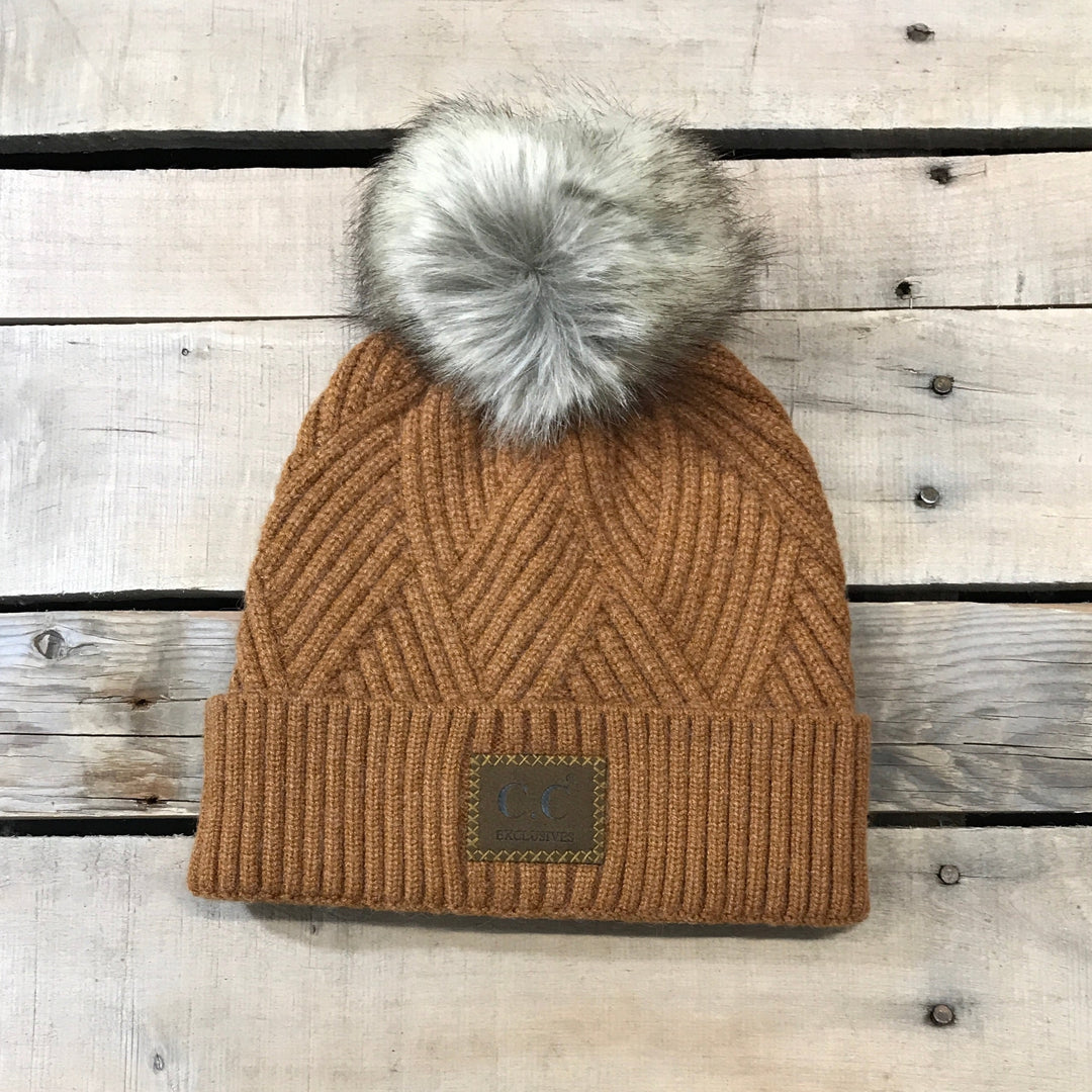 CC Herringbone Hats With Fur Puff