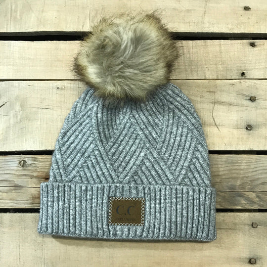 CC Herringbone Hats With Fur Puff