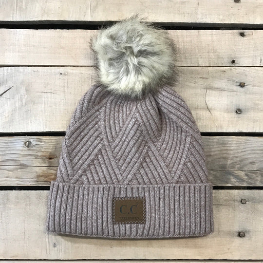 CC Herringbone Hats With Fur Puff