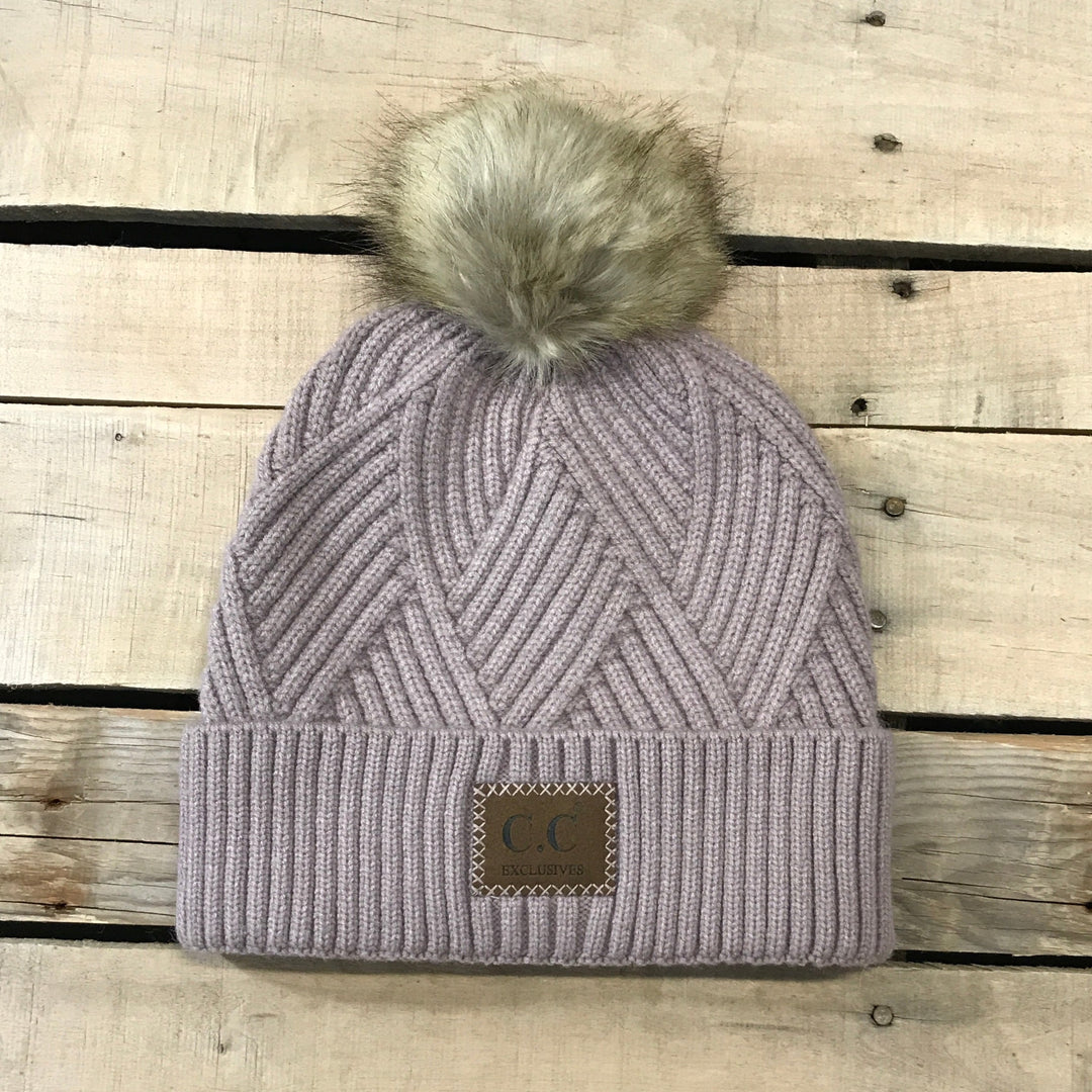 CC Herringbone Hats With Fur Puff