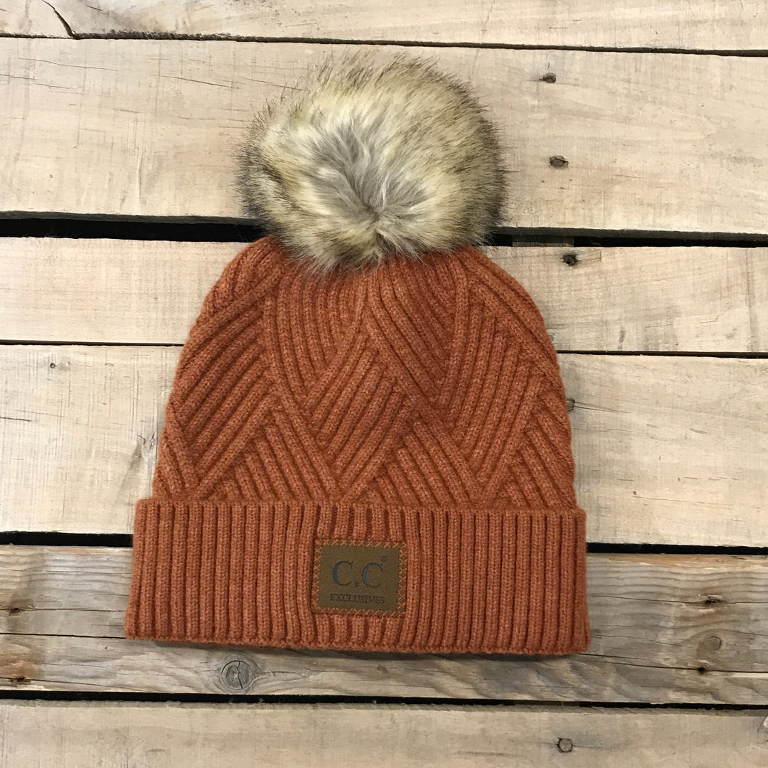 CC Herringbone Hats With Fur Puff