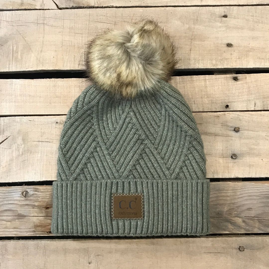 CC Herringbone Hats With Fur Puff