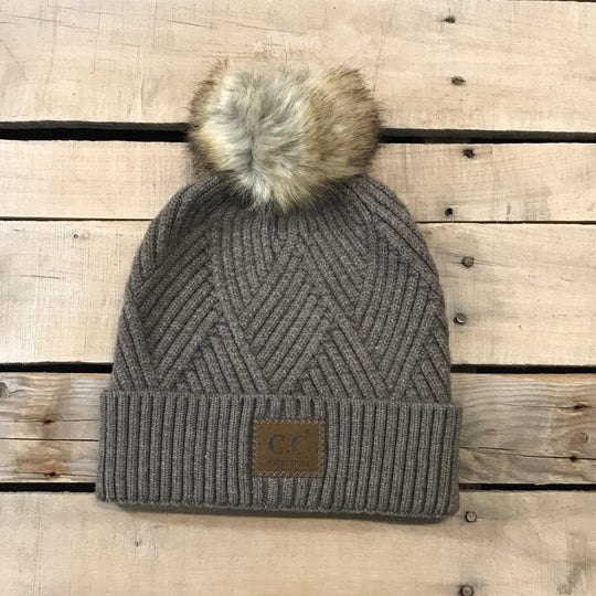 CC Herringbone Hats With Fur Puff