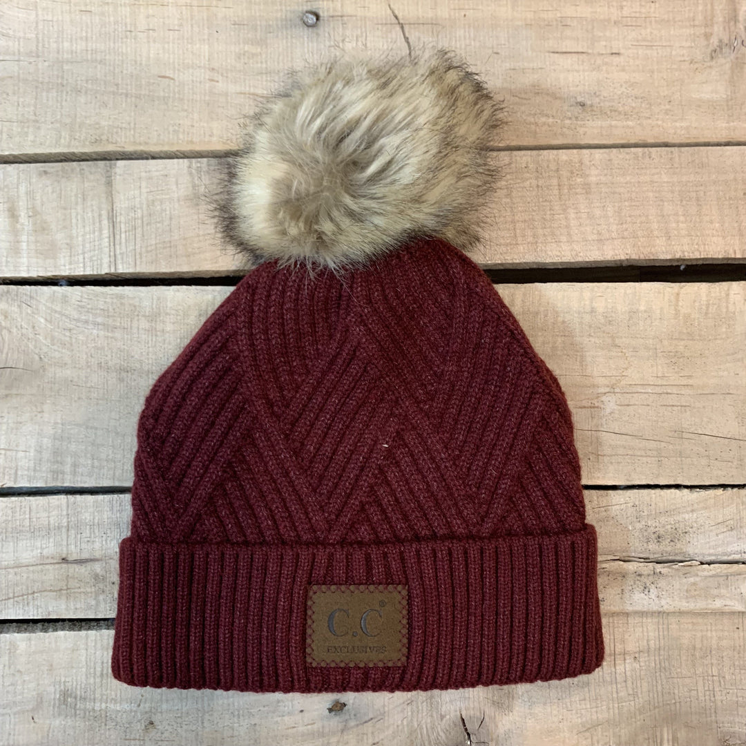 CC Herringbone Hats With Fur Puff