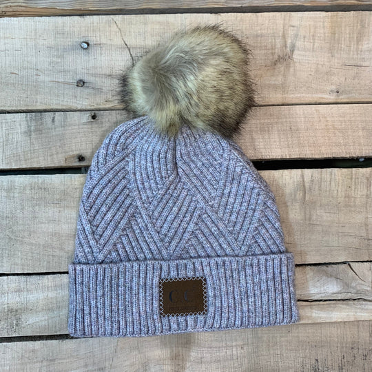 CC Herringbone Hats With Fur Puff