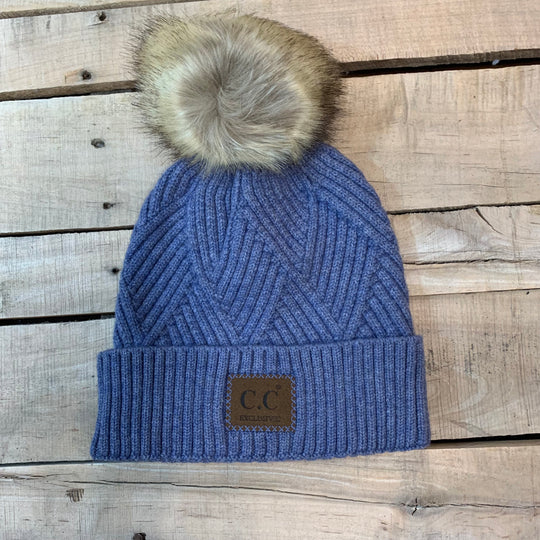 CC Herringbone Hats With Fur Puff