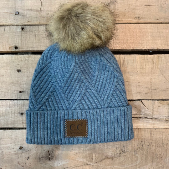 CC Herringbone Hats With Fur Puff