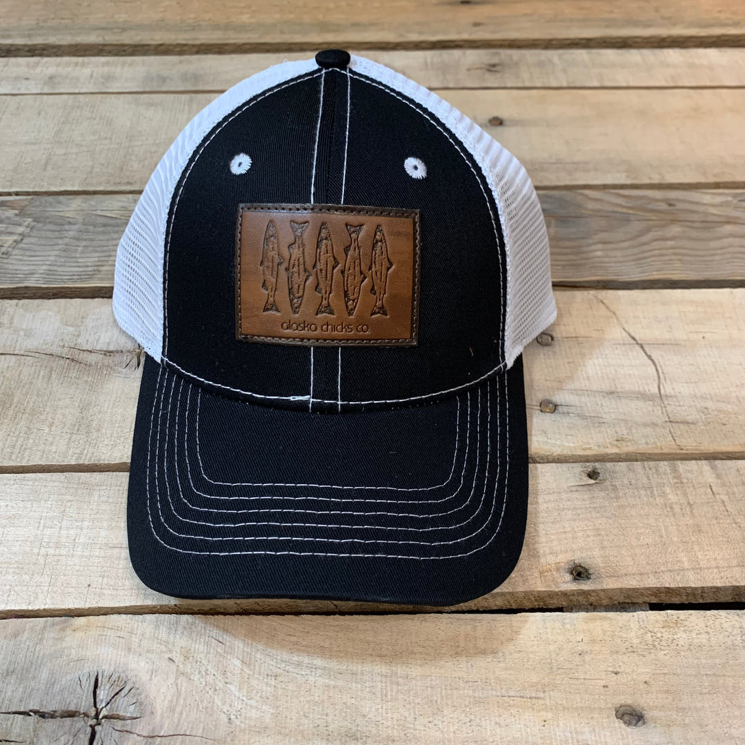 Salmon Sketch Trucker Hat Leather Patch – Alaska Chicks Co