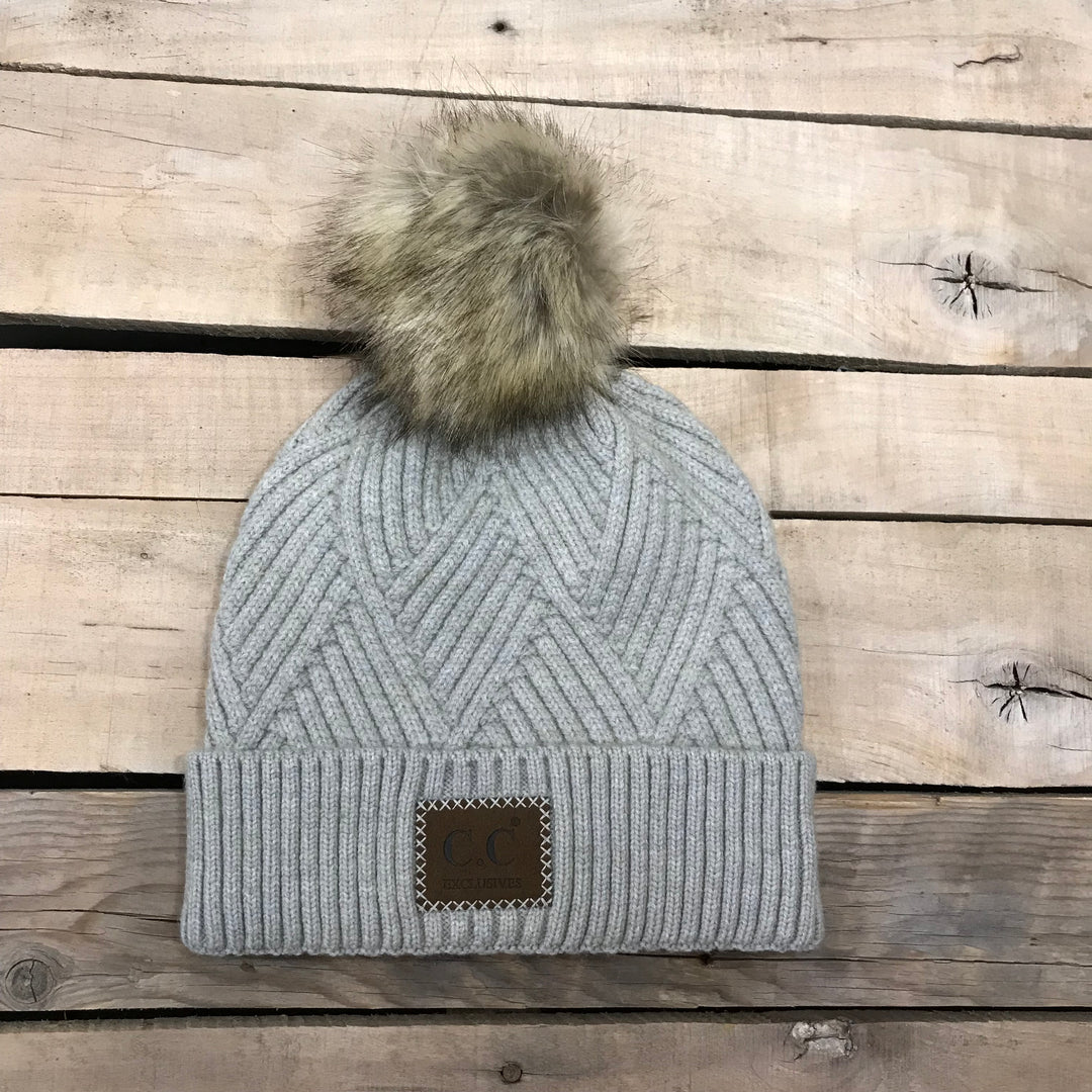 CC Herringbone Hats With Fur Puff