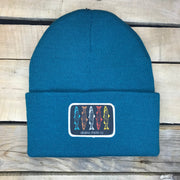 Salmon Sketch Beanie - Colored Fish On Black Patch