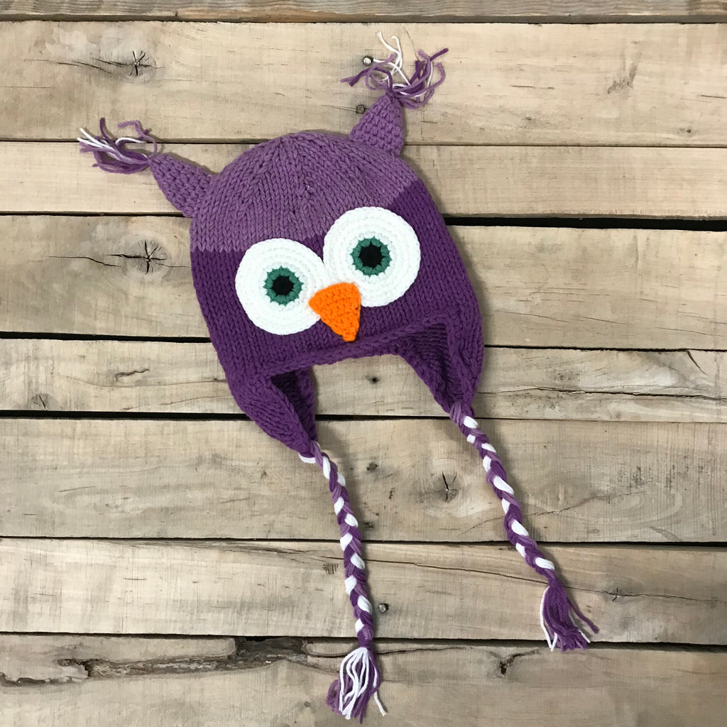 Hand Crochet Owl Hat, Kids Age 3-5 Magenta Pink & Purple Trapper Hat 