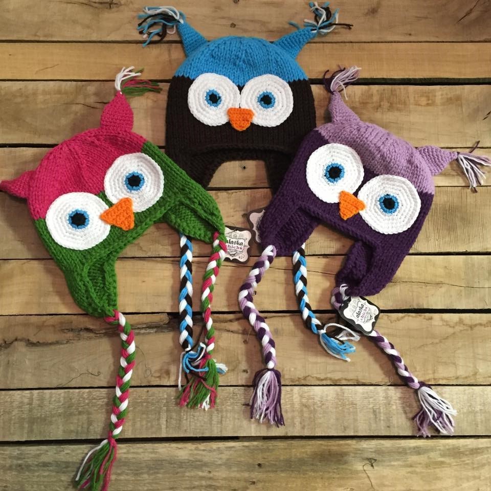 Hand Crochet Owl Hat, Kids Age 3-5 Magenta Pink & Purple Trapper Hat 